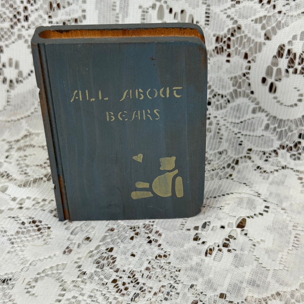 All About Bears Wooden Faux Book Decor Rustic Blue Gold Teddy Bear Shelf Sitter
